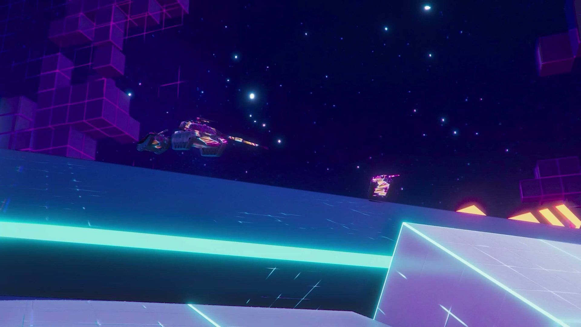 Tanks flying off a ramp on a Neon Dash track